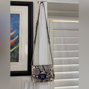 NET Snake-Print Leather Crossbody  Bag Mixed Neutrals with chain accent.